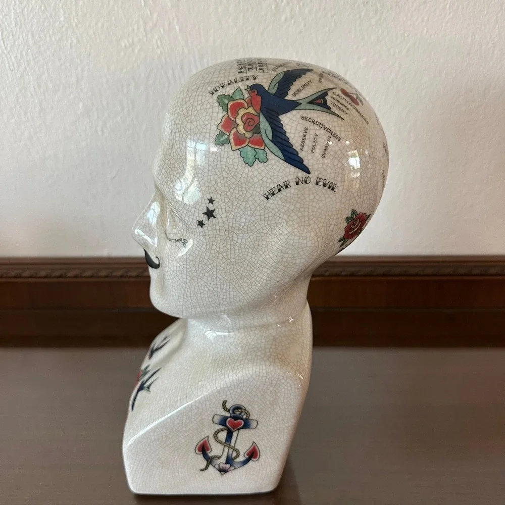 Traditional Tattooed Phrenology Head Bust Three Hands Corp Crackle Glazed